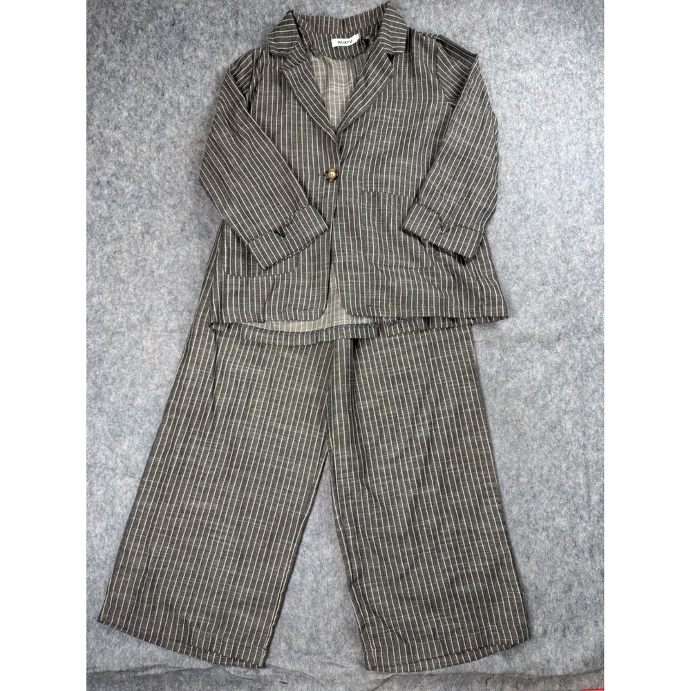 HUAYU Pant Suit Set Women L Gray Pinstripe Linen Blend Wide Leg Blazer Coastal L